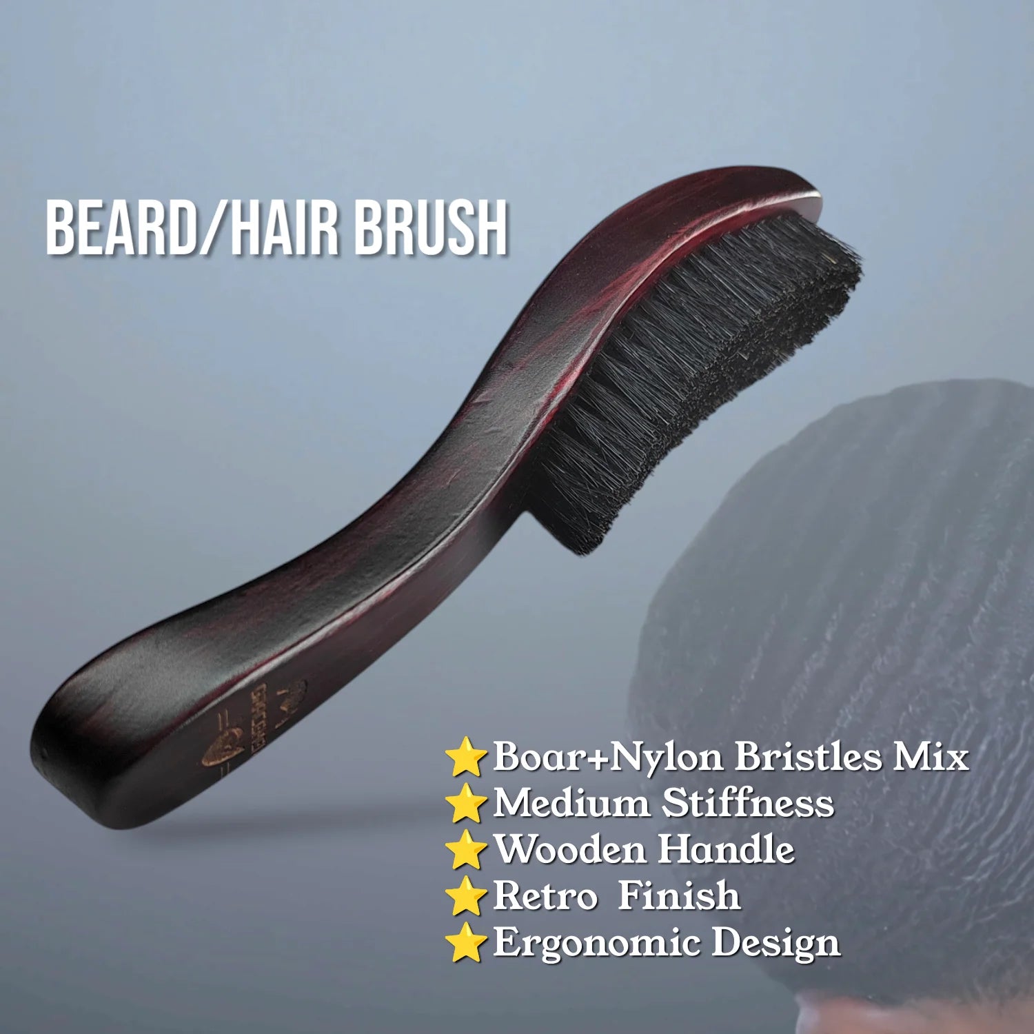 Gracemen 360 Wave Brush Curved Wooden Handle Hair Beard Brush Medium Stiffness Nylon + Boar Bristles for Men