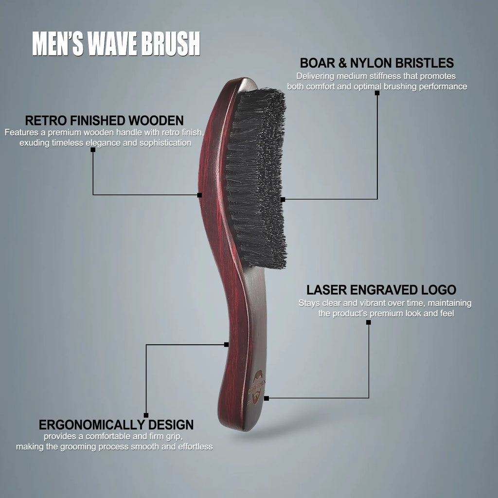 Gracemen 360 Wave Brush Curved Wooden Handle Hair Beard Brush Medium Stiffness Nylon + Boar Bristles for Men