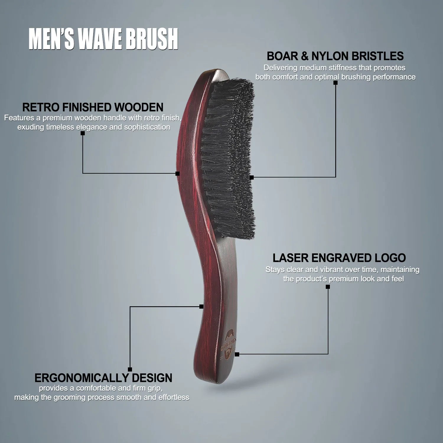 Gracemen 360 Wave Brush Curved Wooden Handle Hair Beard Brush Medium Stiffness Nylon + Boar Bristles for Men