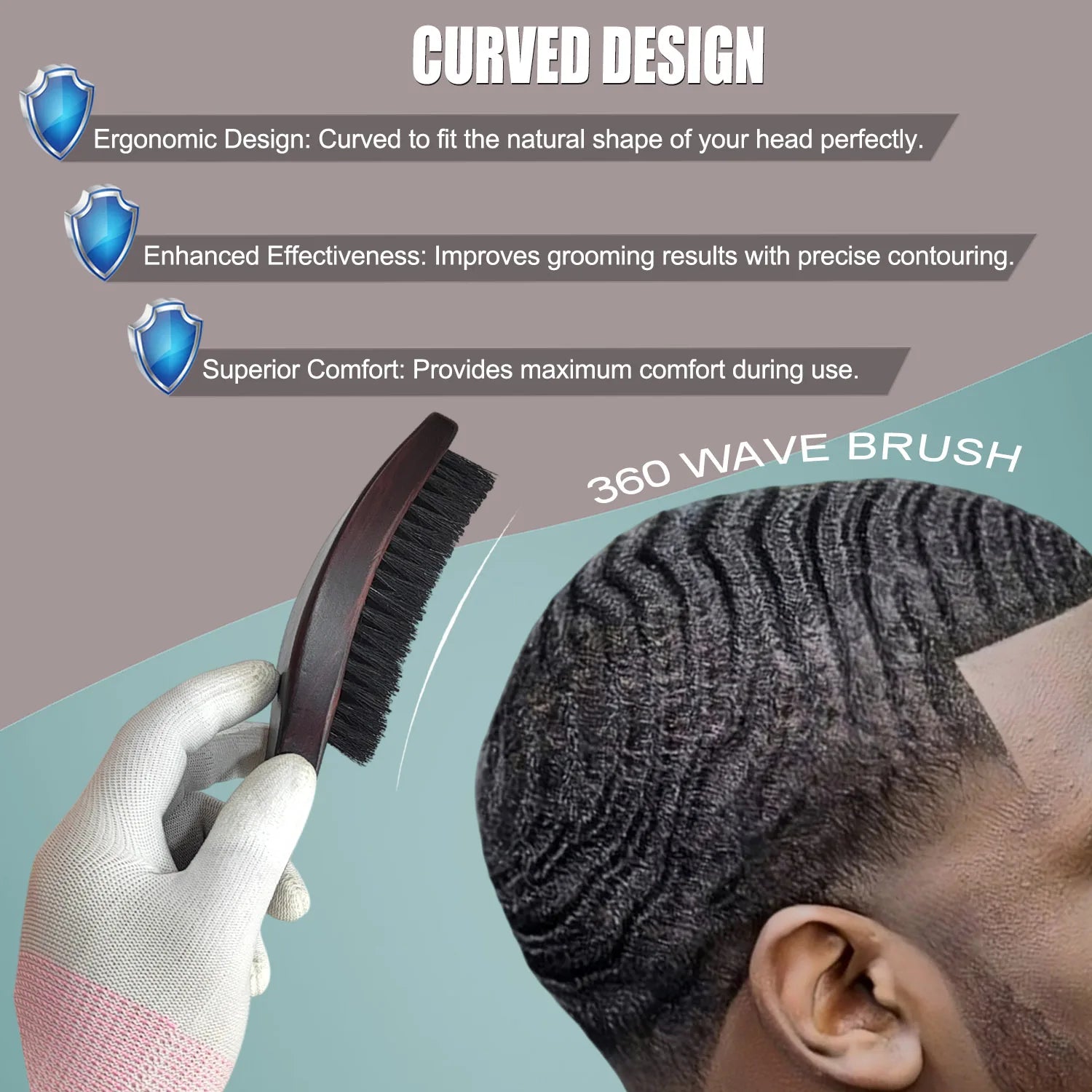 Gracemen 360 Wave Brush Curved Wooden Handle Hair Beard Brush Medium Stiffness Nylon + Boar Bristles for Men