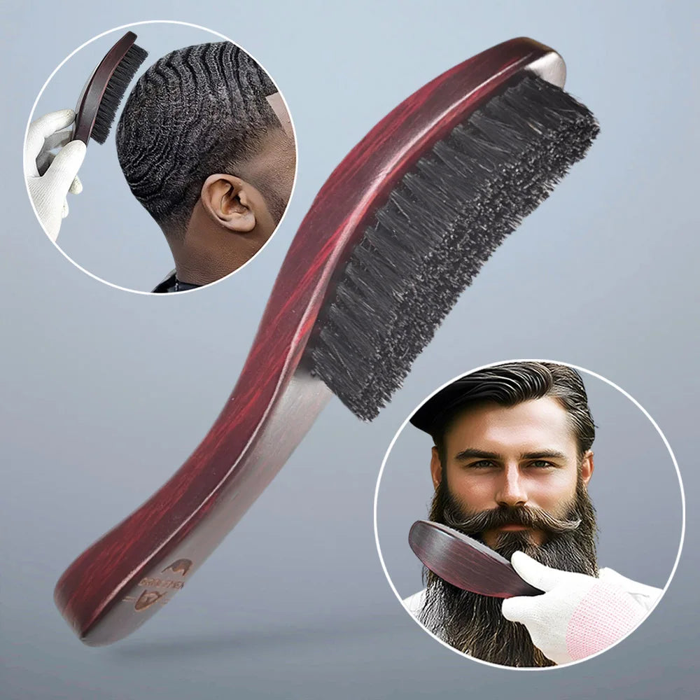Gracemen 360 Wave Brush Curved Wooden Handle Hair Beard Brush Medium Stiffness Nylon + Boar Bristles for Men