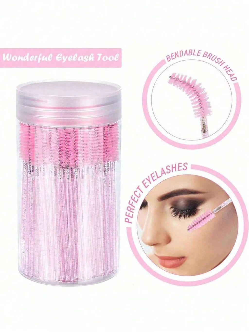 50PCS Crystal Pink Mascara Wands - Disposable Bendable Eyebrow Spoolies, with Container for Lash Extensions & Castor Oil