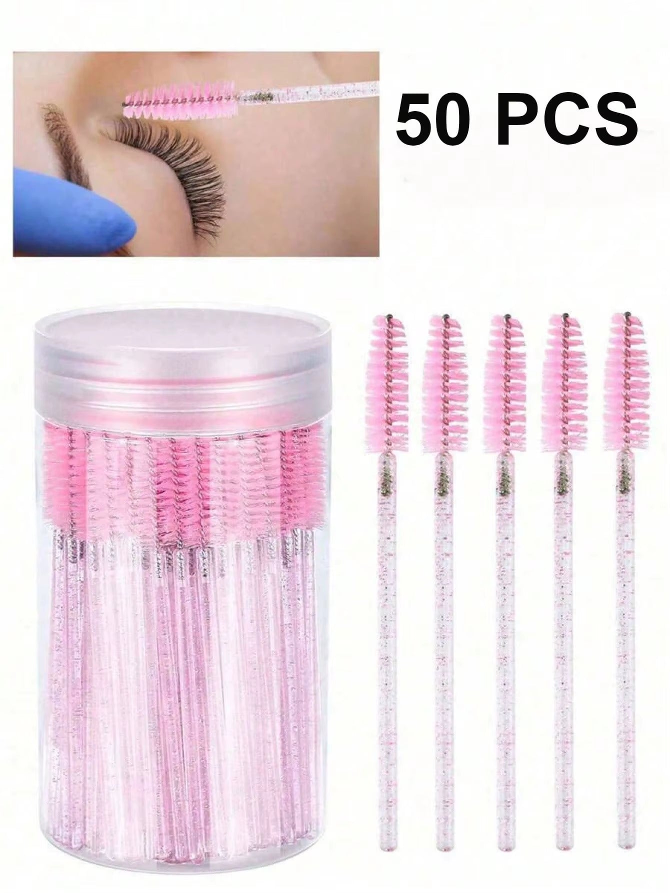 50PCS Crystal Pink Mascara Wands - Disposable Bendable Eyebrow Spoolies, with Container for Lash Extensions & Castor Oil