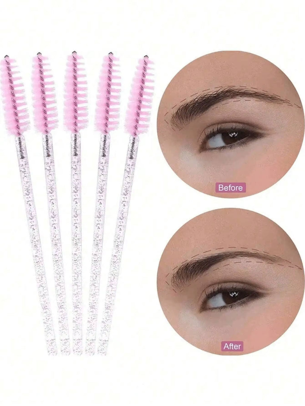 50PCS Crystal Pink Mascara Wands - Disposable Bendable Eyebrow Spoolies, with Container for Lash Extensions & Castor Oil