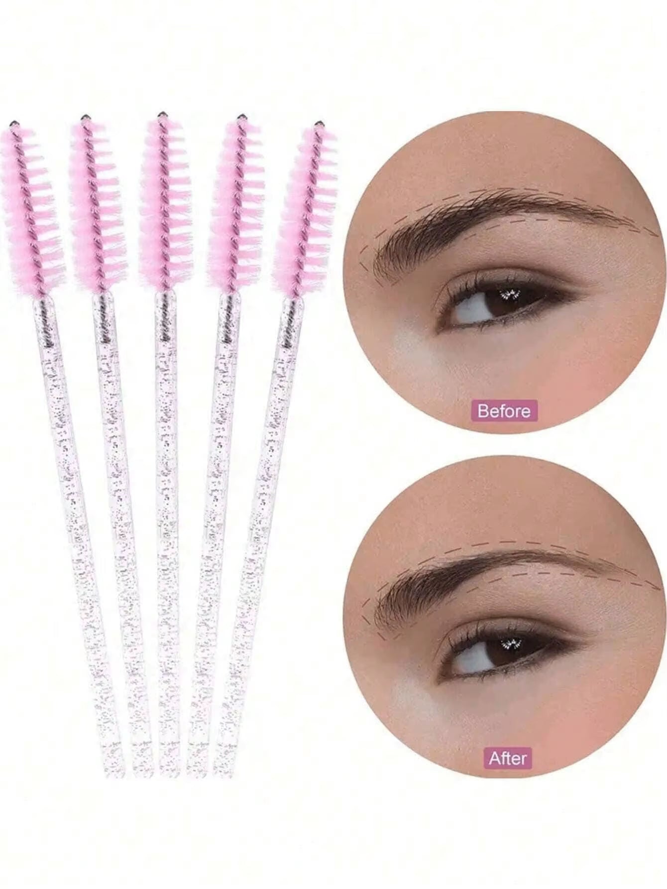 50PCS Crystal Pink Mascara Wands - Disposable Bendable Eyebrow Spoolies, with Container for Lash Extensions & Castor Oil