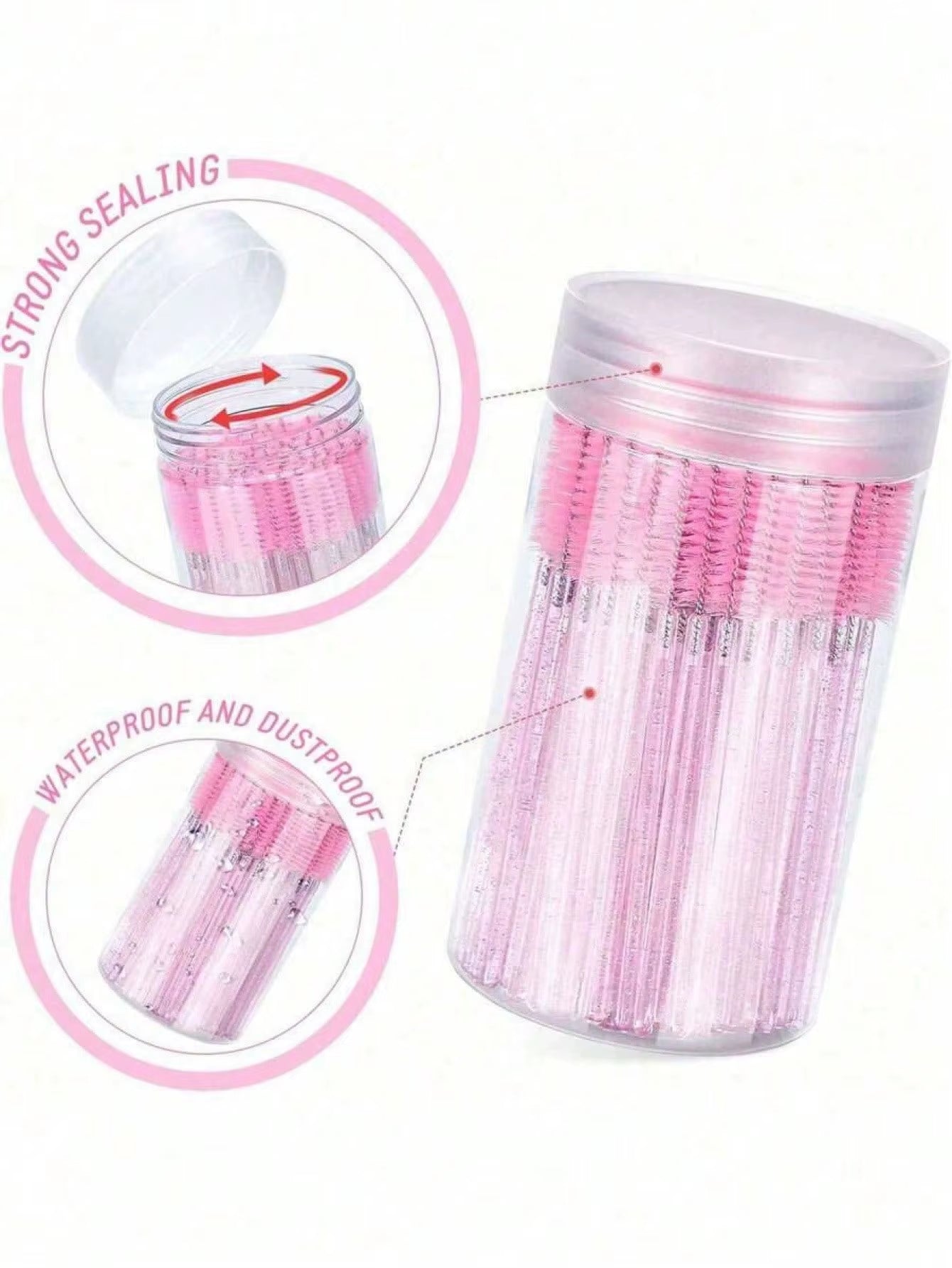50PCS Crystal Pink Mascara Wands - Disposable Bendable Eyebrow Spoolies, with Container for Lash Extensions & Castor Oil