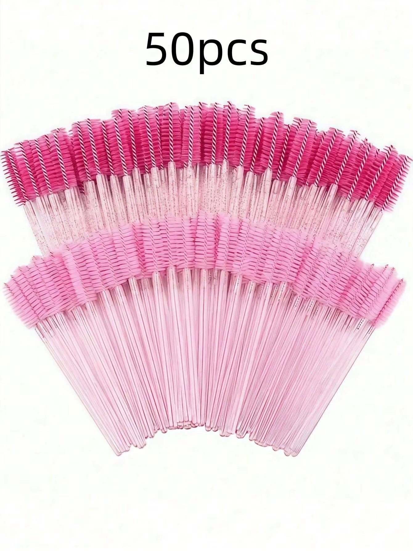 50PCS Crystal Pink Mascara Wands - Disposable Bendable Eyebrow Spoolies, with Container for Lash Extensions & Castor Oil