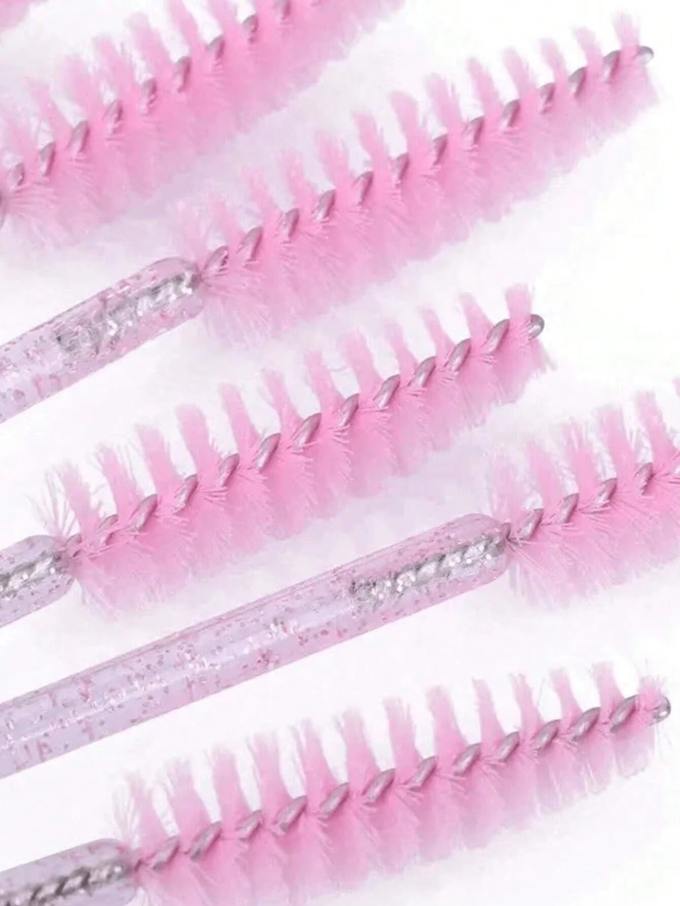 50PCS Crystal Pink Mascara Wands - Disposable Bendable Eyebrow Spoolies, with Container for Lash Extensions & Castor Oil