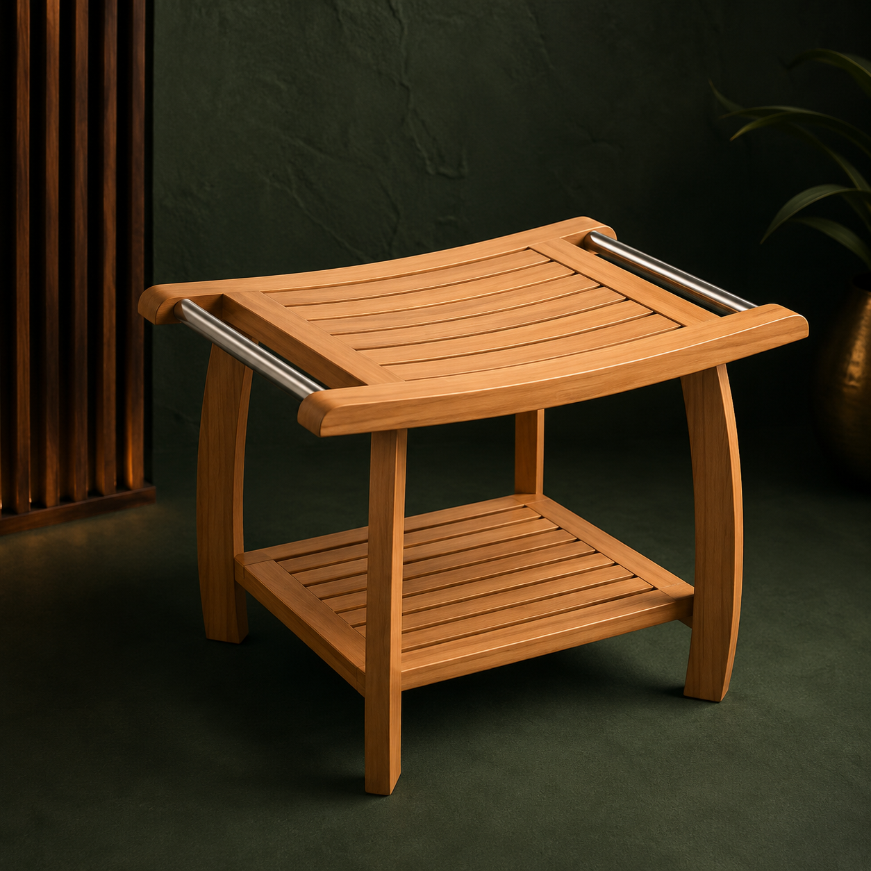 Indonesian Teak Shower Bench | Spa-Style Bath Stool with Towel Bars