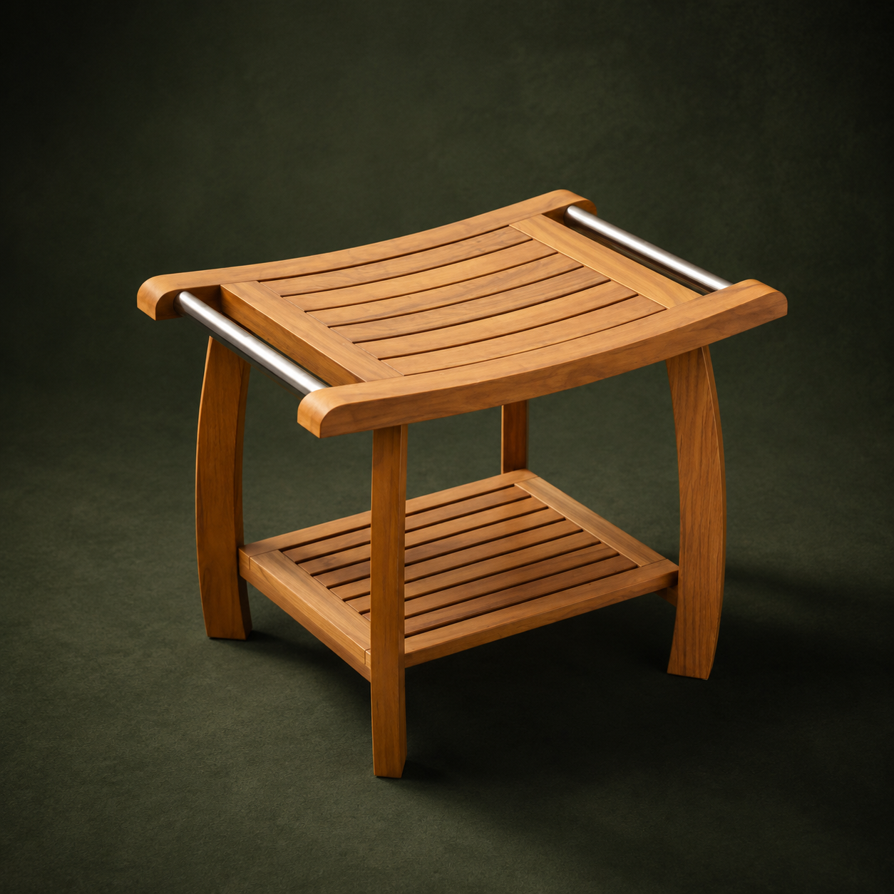 Indonesian Teak Shower Bench | Spa-Style Bath Stool with Towel Bars