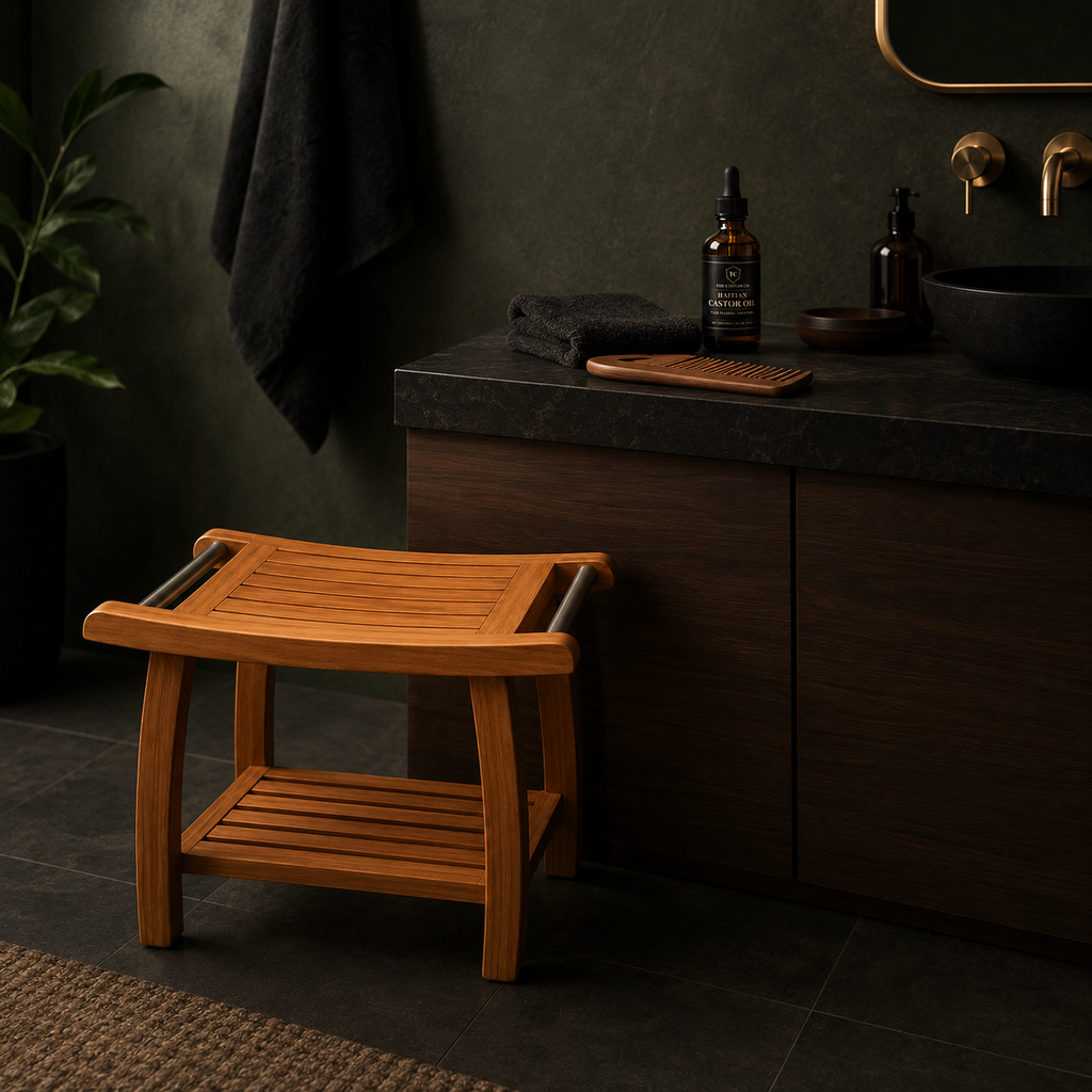 Indonesian Teak Shower Bench | Spa-Style Bath Stool with Towel Bars