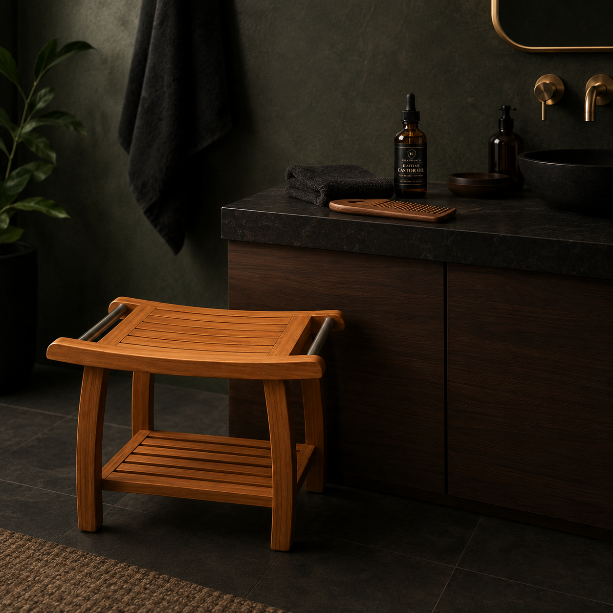 Indonesian Teak Shower Bench | Spa-Style Bath Stool with Towel Bars